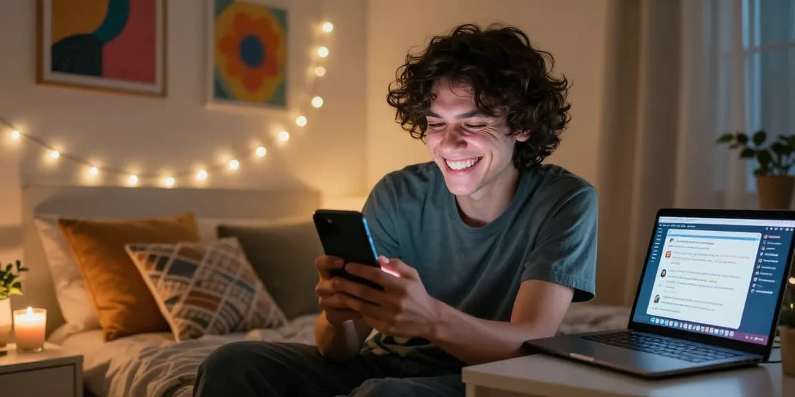 Engaging in ai sexting on smartphone in cozy bedroom with playful lighting.