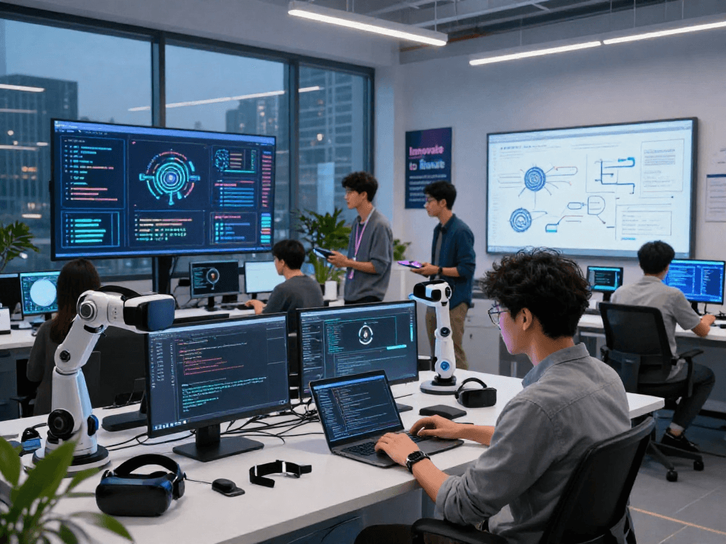 Creative team in an AI lab collaborating on spicy ai projects with coding screens and digital displays.