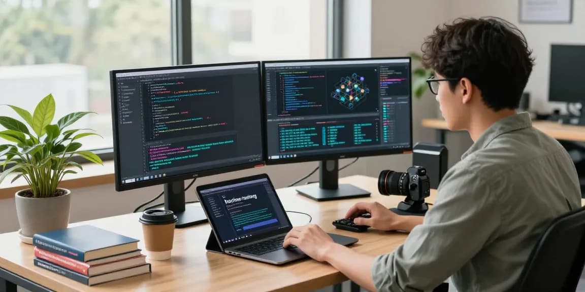 Data scientist using machine learning tools in a modern workspace with dual monitors and vibrant decor.