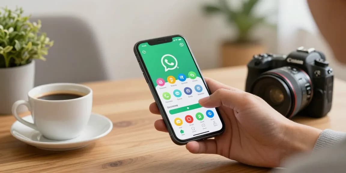 WhatsApp下載 progress on a smartphone screen in a cozy setting.