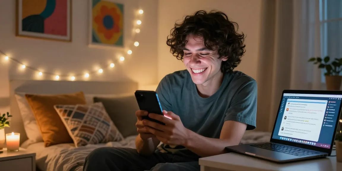 Engaging in ai sexting on smartphone in cozy bedroom with playful lighting.