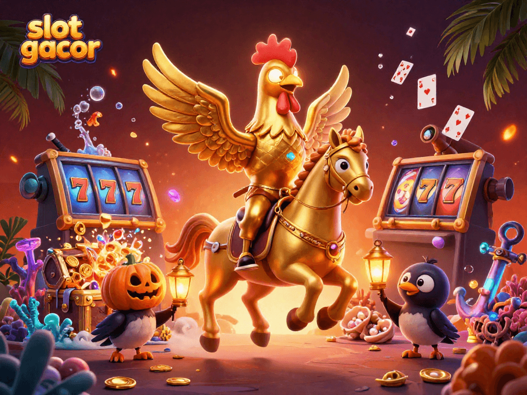 Spin the slot gacor reels with a vibrant casino scene featuring a golden rooster and treasures.