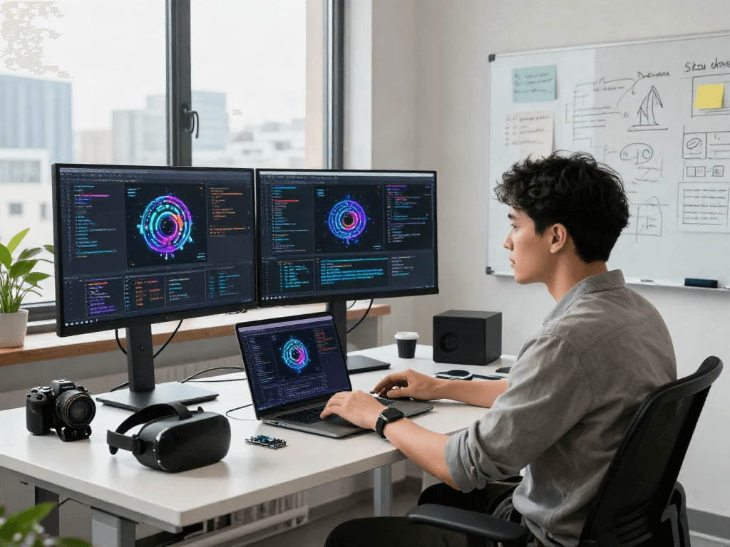 Innovative tech workspace showcasing a software engineer immersed in spicy AI projects, dual monitors, and natural light.