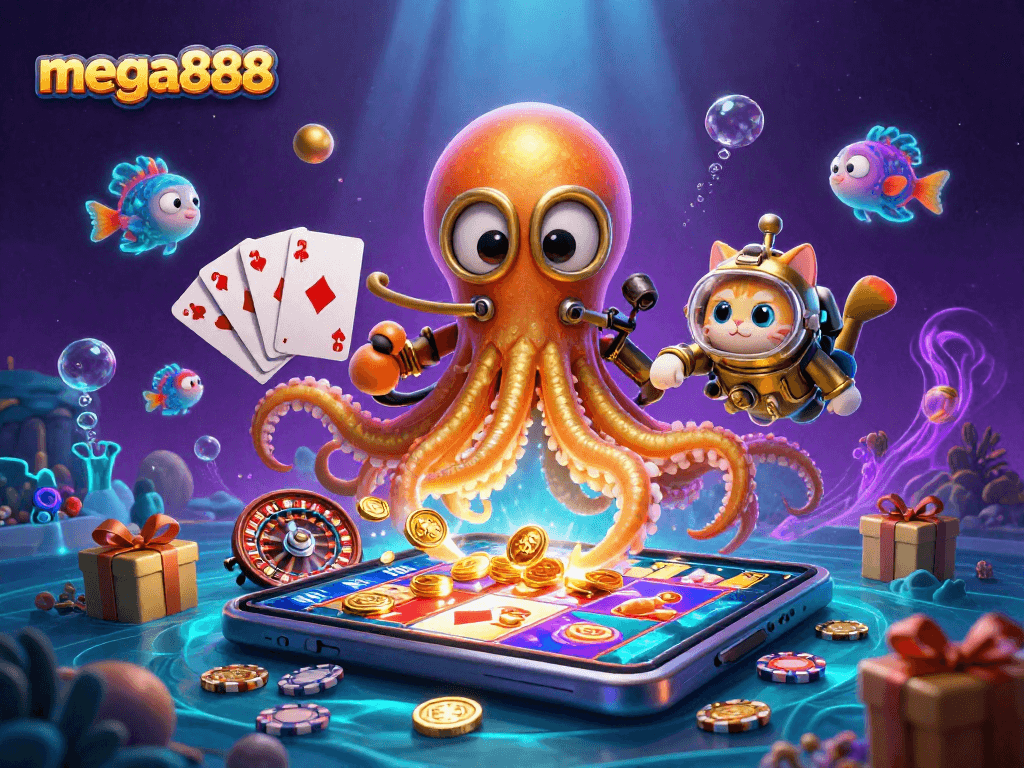 Menang besar di mega888 dengan slot yang menarik dan kraken kartun 3D yang menonjol.