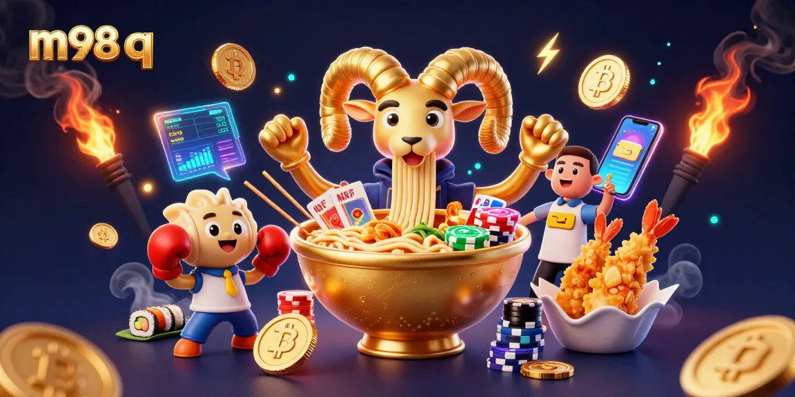 m98 q showcases a golden ramen bowl dealer amid vibrant casino elements and crypto riches.
