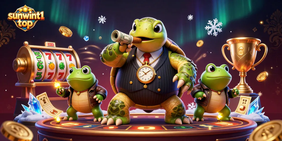 Win big with sunwint1 top where the massive turtle mascot leads two bullfrogs amid colorful slot elements.