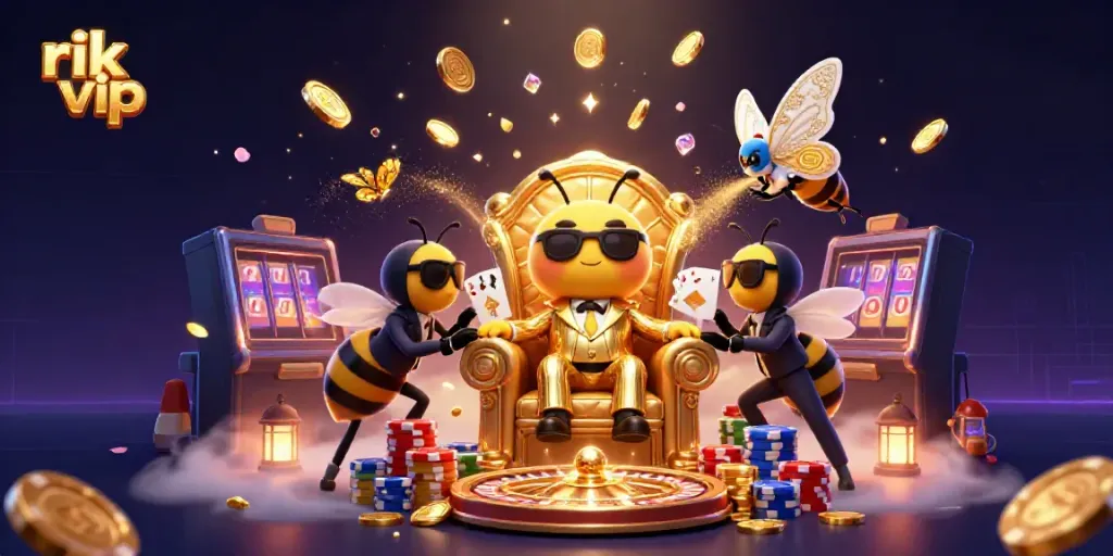 Engage in games like rik vip while encountering a cartoon mob boss and his glamorous entourage amidst cascading coins.