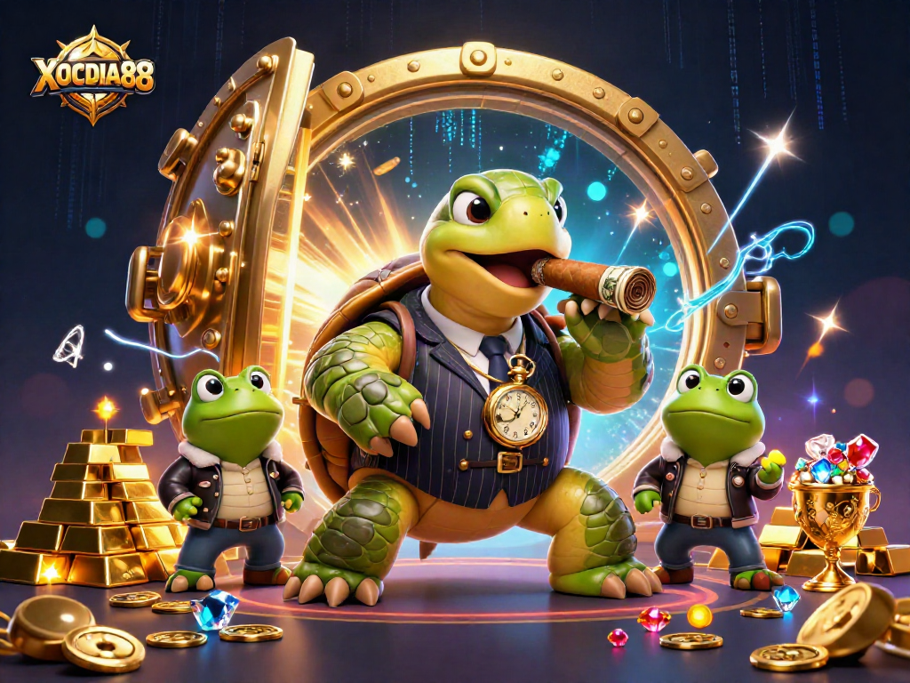 Experience the thrilling world of XOCDIA88 casino games with a dynamic 3D illustration featuring a snapping turtle and bullfrogs.