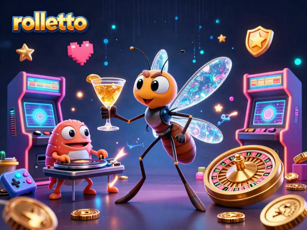 Engage with rolletto's vibrant casino experience featuring a dazzling 3D scene of animated characters and gaming elements.
