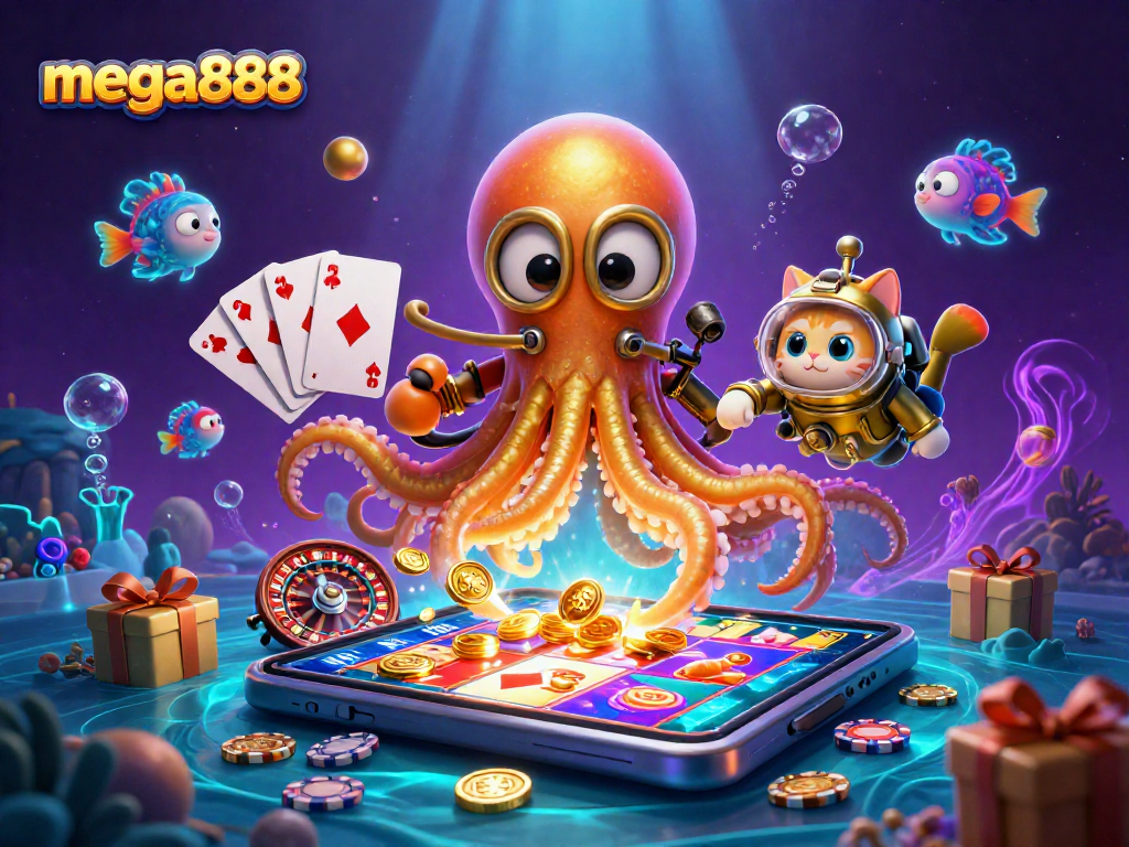 Menang besar di mega888 dengan slot yang menarik dan kraken kartun 3D yang menonjol.