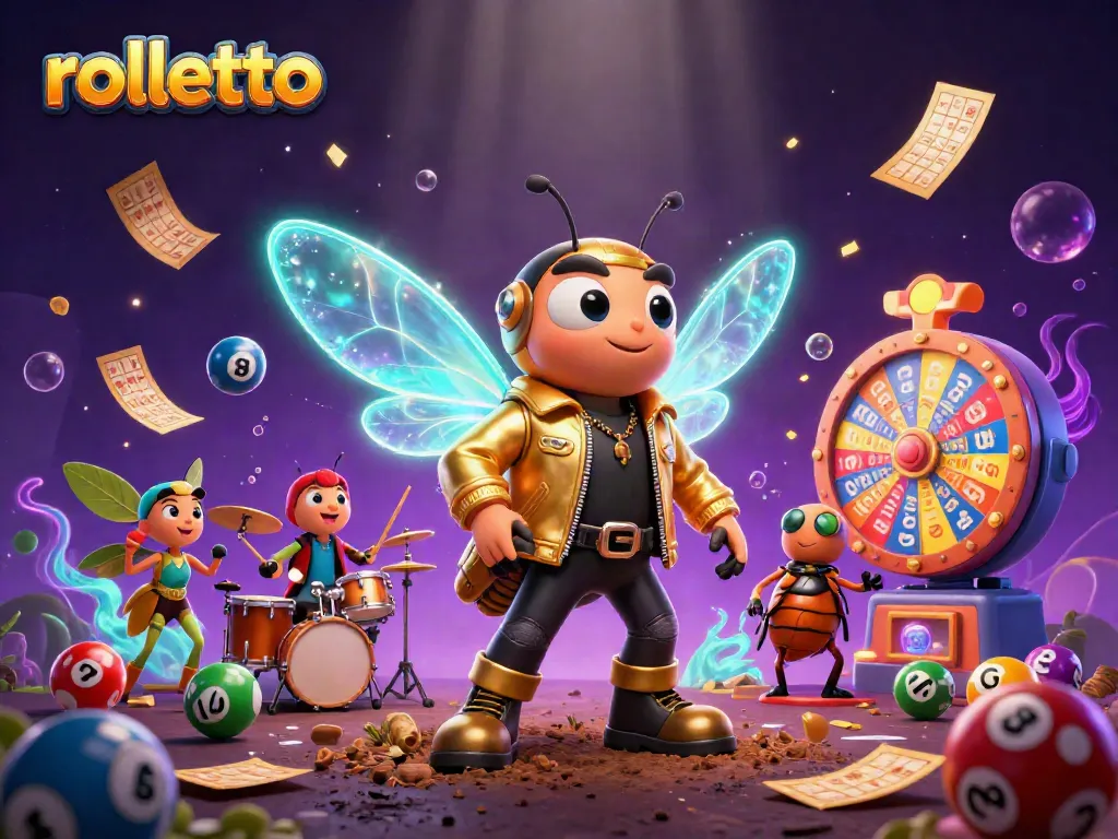Experience lively rolletto action with vibrant lottery elements and dynamic characters in this 3D illustration.