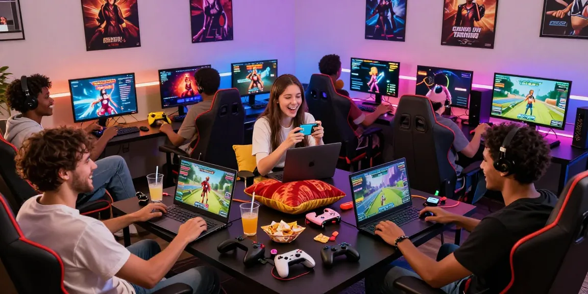 Group of friends playing real porn games on laptops and tablets in a vibrant gaming lounge.