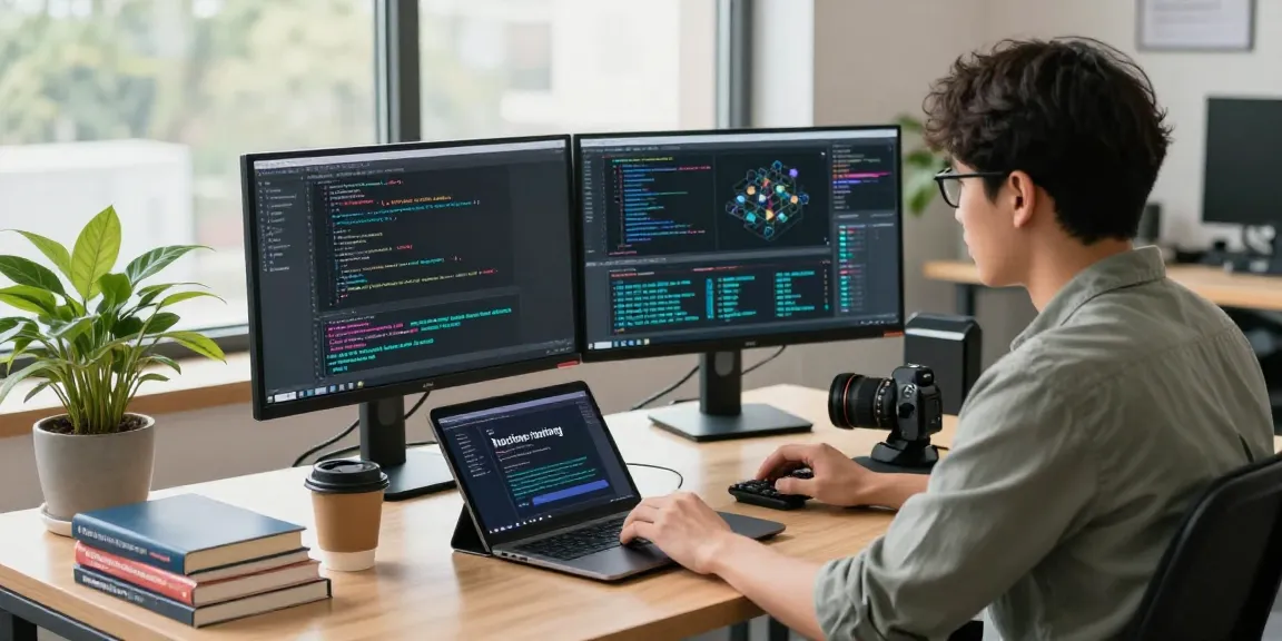 Data scientist using machine learning tools in a modern workspace with dual monitors and vibrant decor.