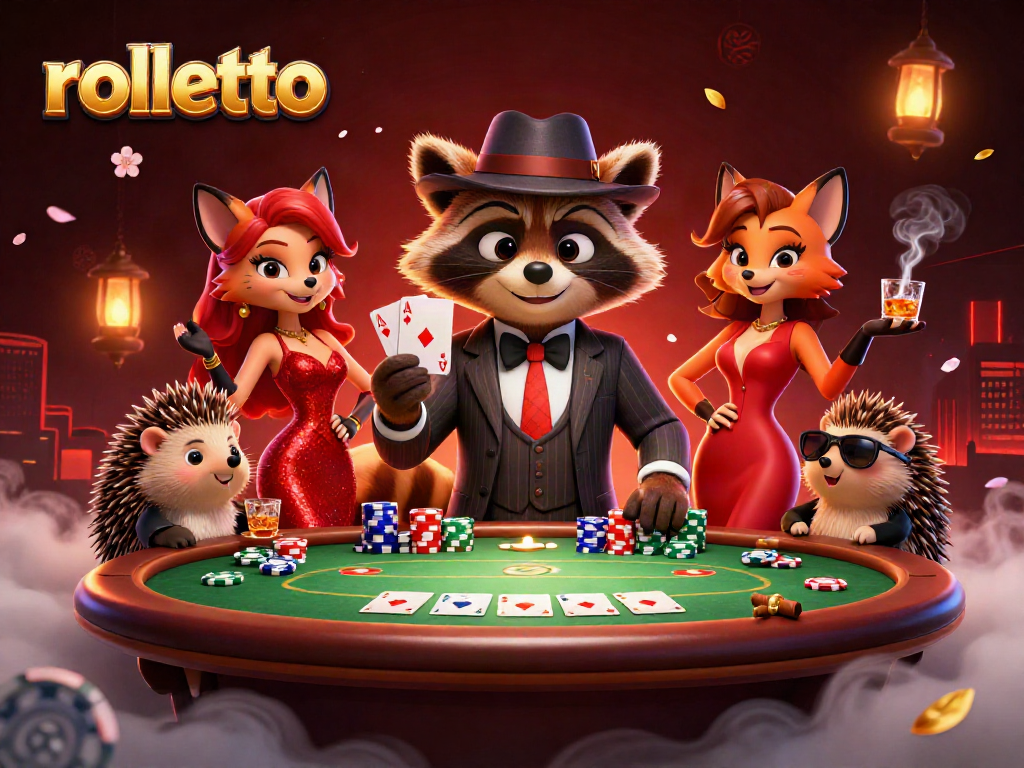 Engage with rolletto's dynamic casino scene featuring suave raccoon, glamorous fox, and energetic hedgehog in action.