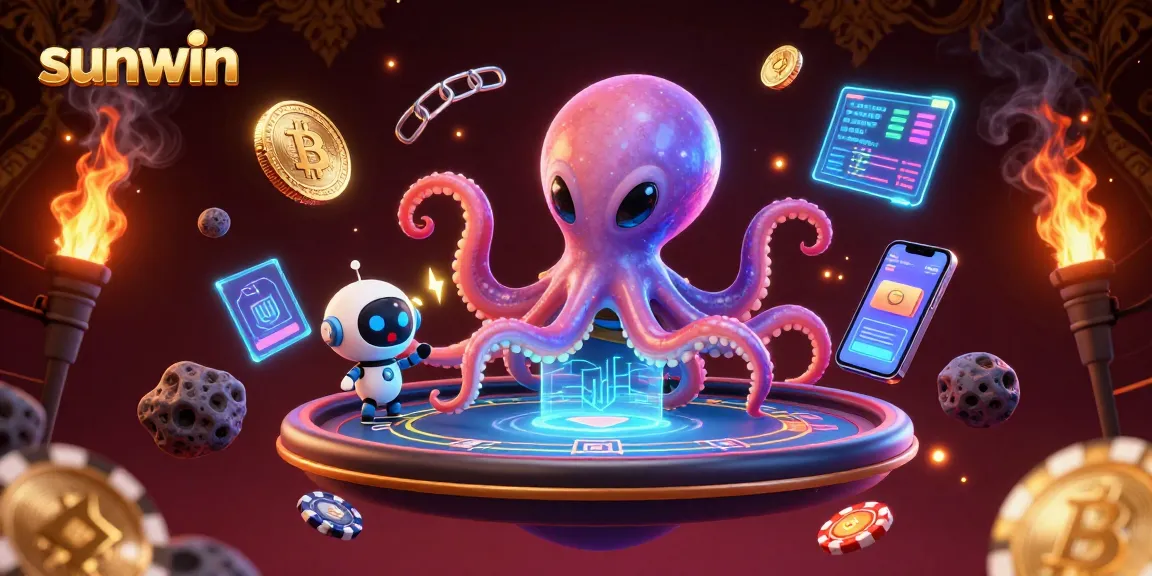 Engage in thrilling gameplay at sunwin with a vibrant 3D alien octopus and crypto-themed poker scene.