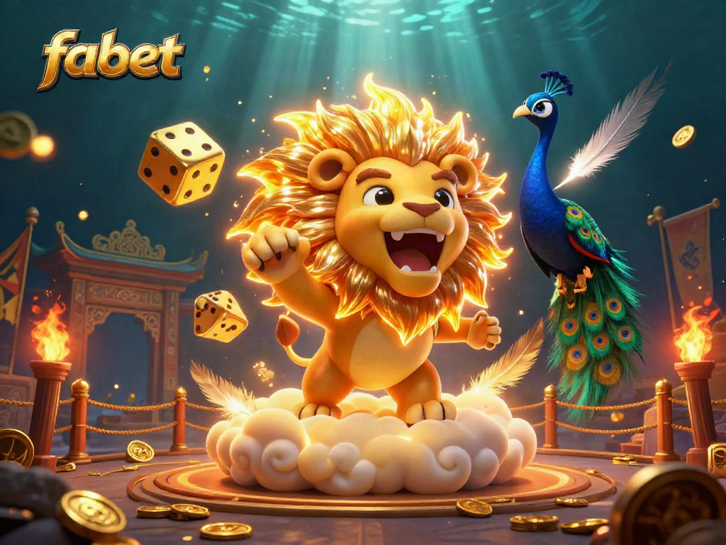 Experience the excitement at fabet with a vibrant illustration of a playful sun lion amidst golden casino elements.