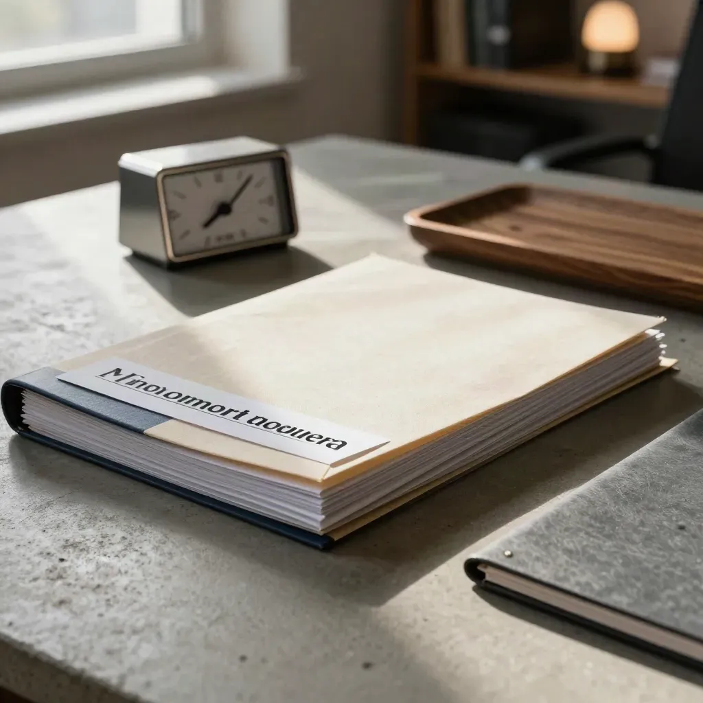 Employment law files, timer and staff notes on brushed concrete in a warm office corner.