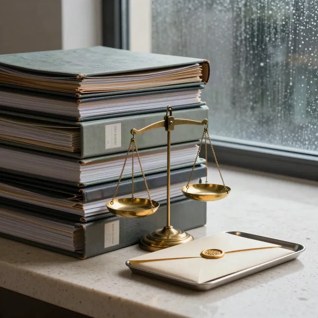 Legal case binders, brass scales and a wax-sealed packet on stone by rain-dark glass.