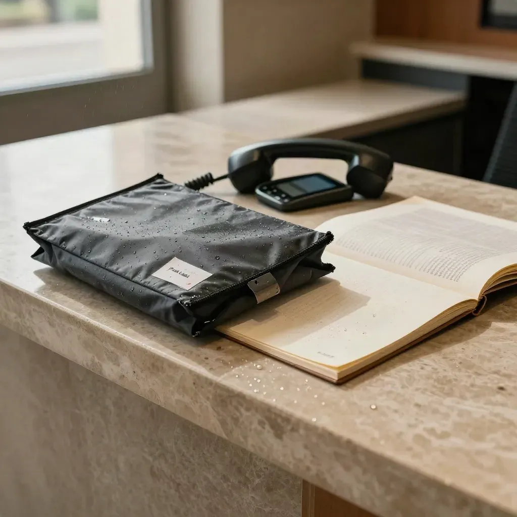 Rain-soaked courier pouch, handset, and case folders on a stone reception counter