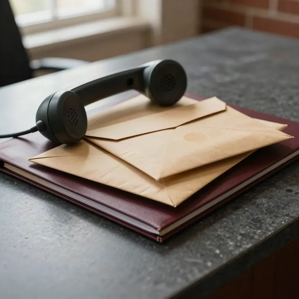 Legal desk handset, returned courier envelopes and a red case folder on a slate desk.