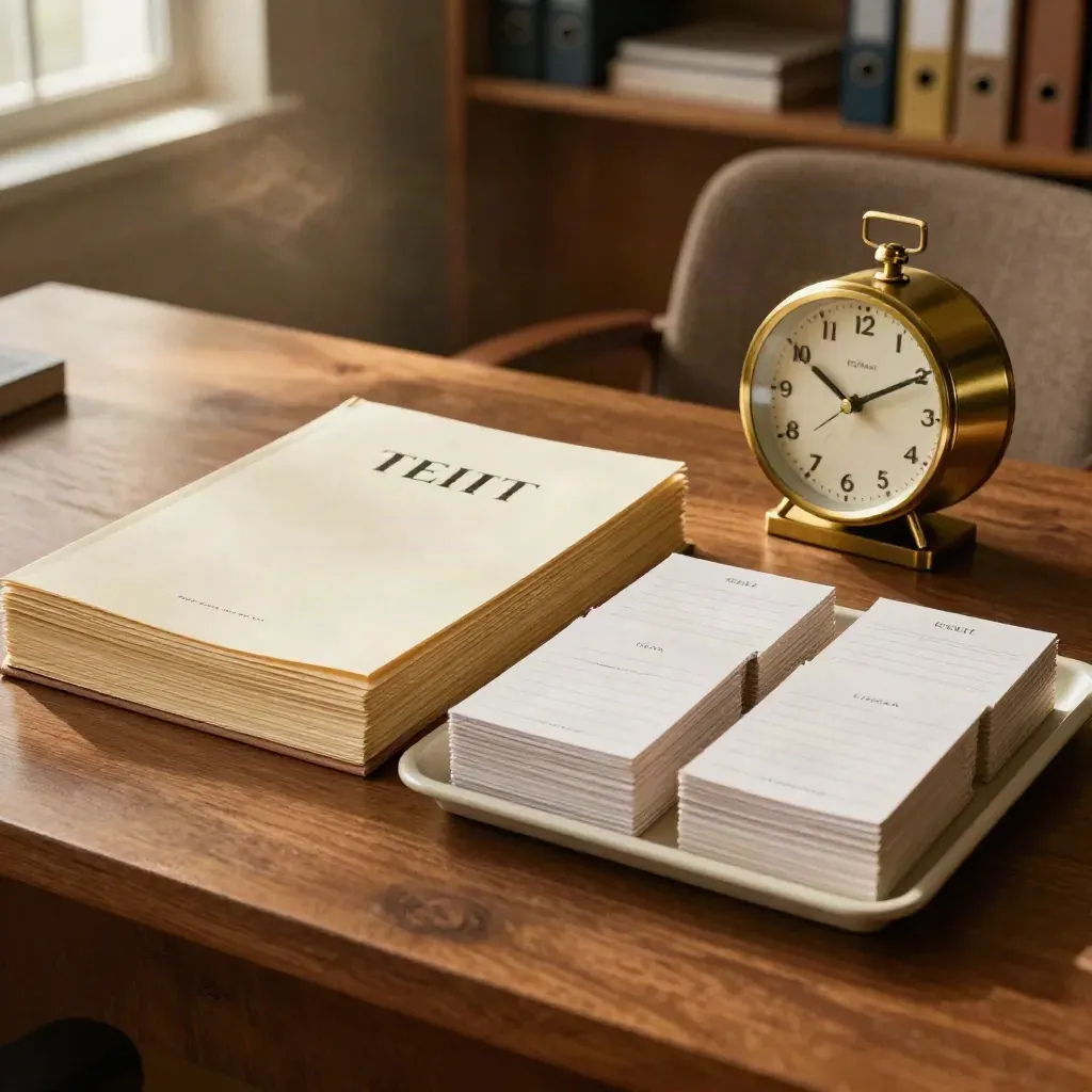 Legal employment file, clock and onboarding cards on a timber desk in warm afternoon light.