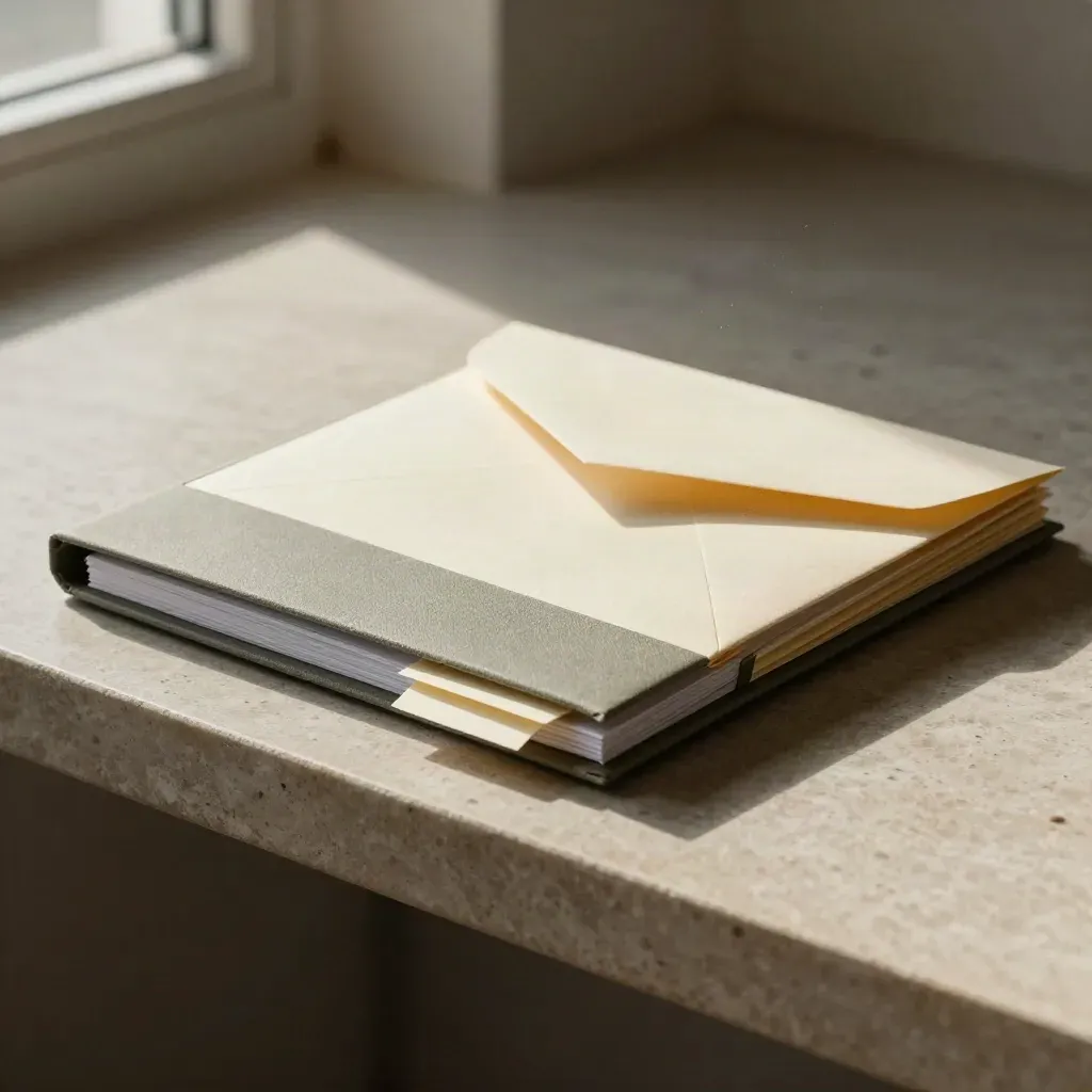 Compliance folder, sealed envelope and audit tabs on stone, caught in a sunlit moment.