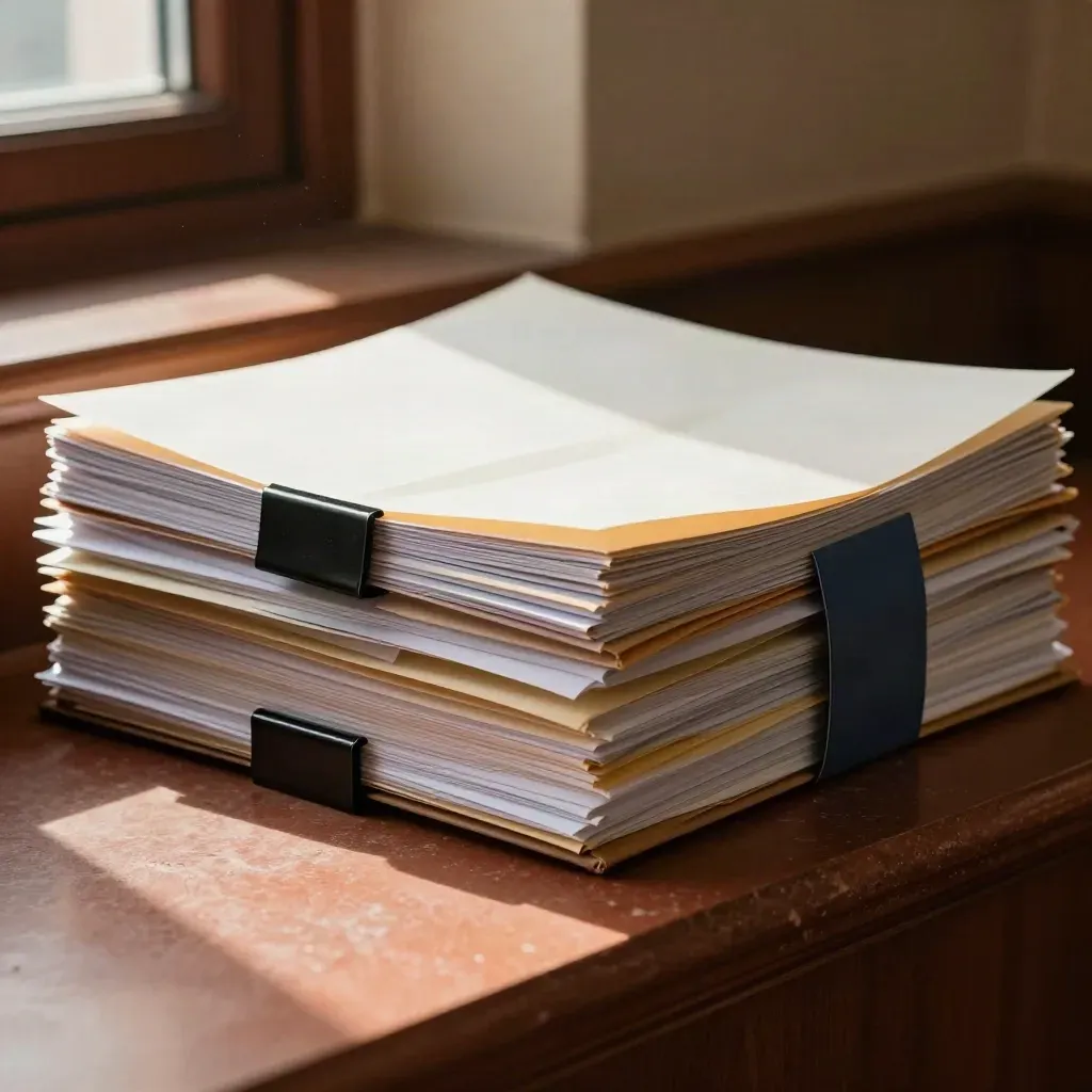 Litigation support bundle, case clips and courier envelope on a terracotta ledge in warm light.