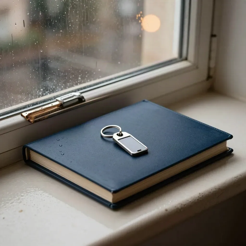 Navy lease folder, keyring and window latch on a rainy stone sill