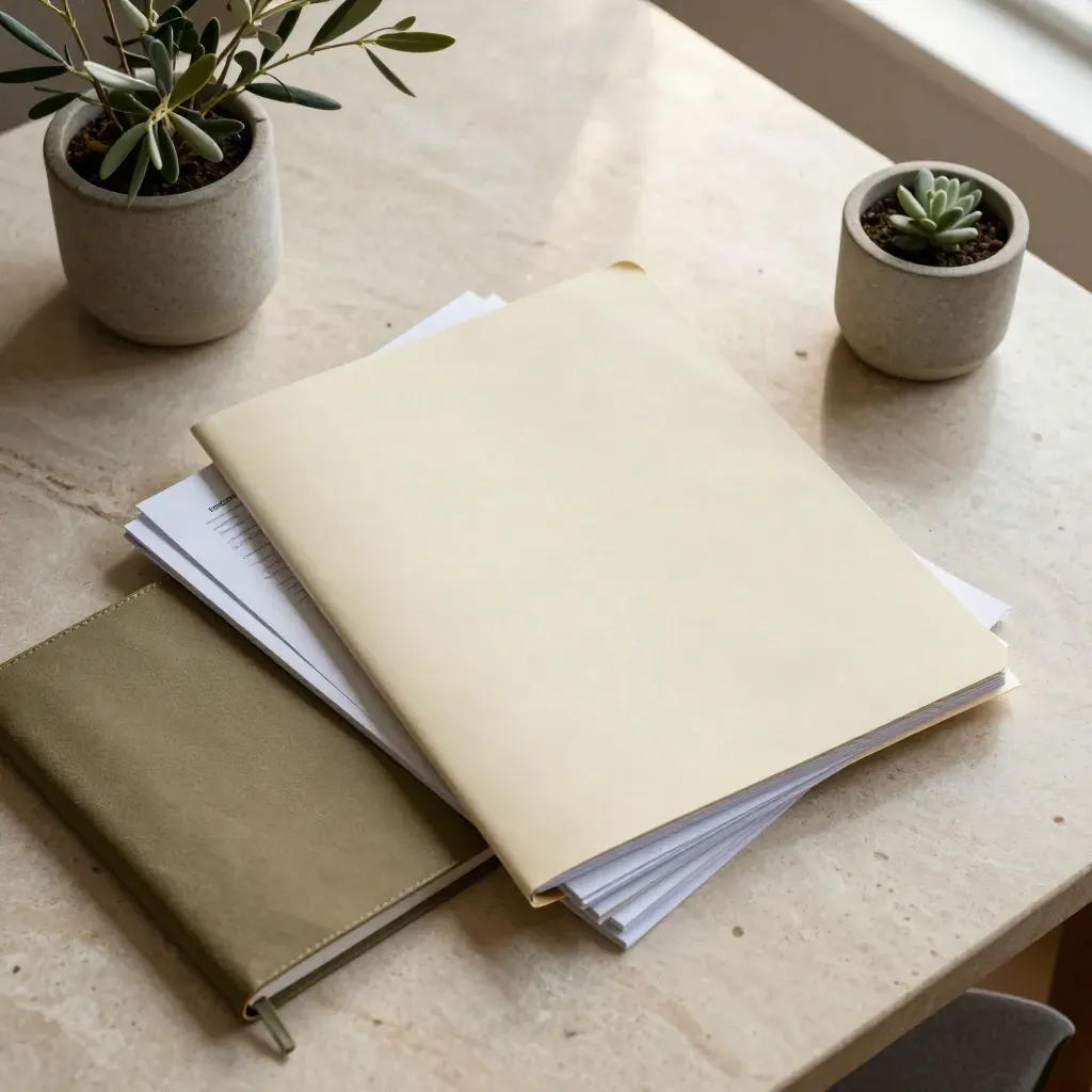 Overhead startup legal bundle with closed notebook and small plant on pale stone table.