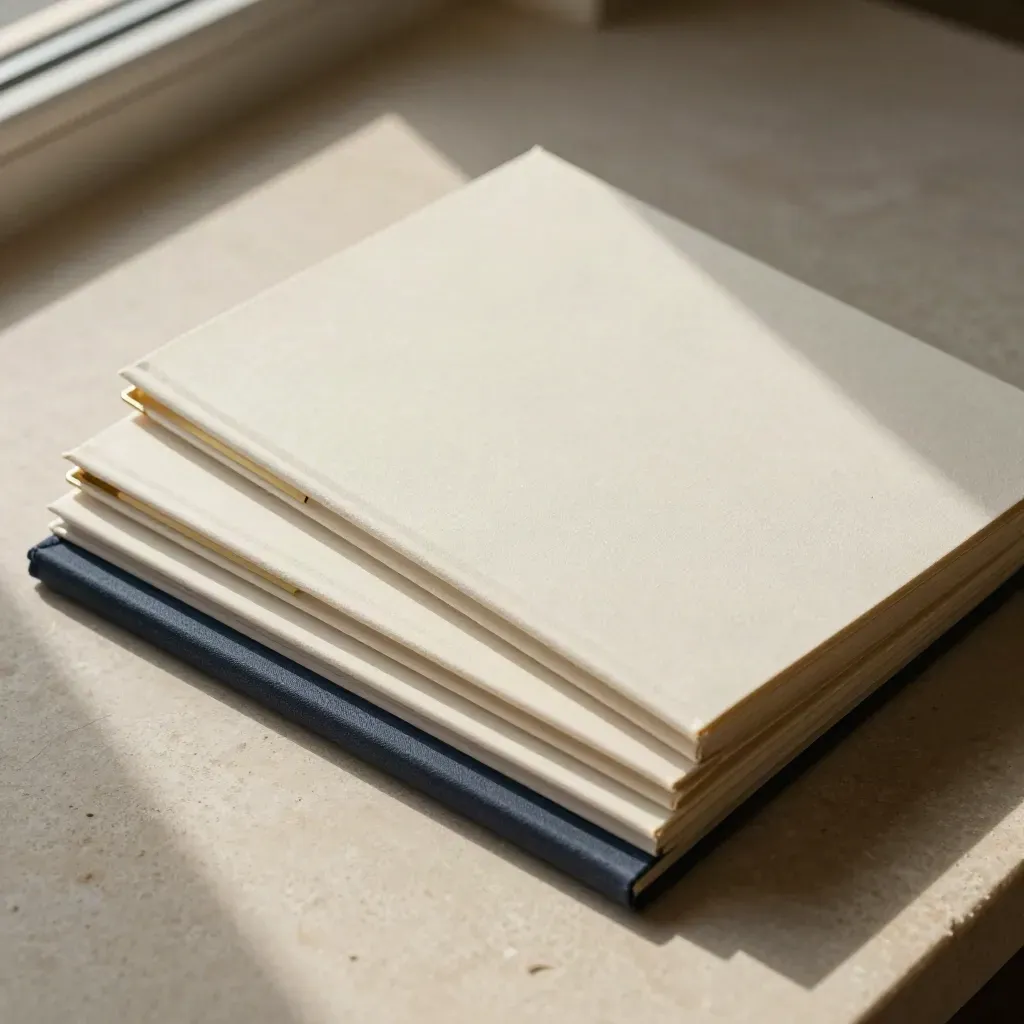 Four clipped legal booklets on limestone, seen from above in soft daylight.