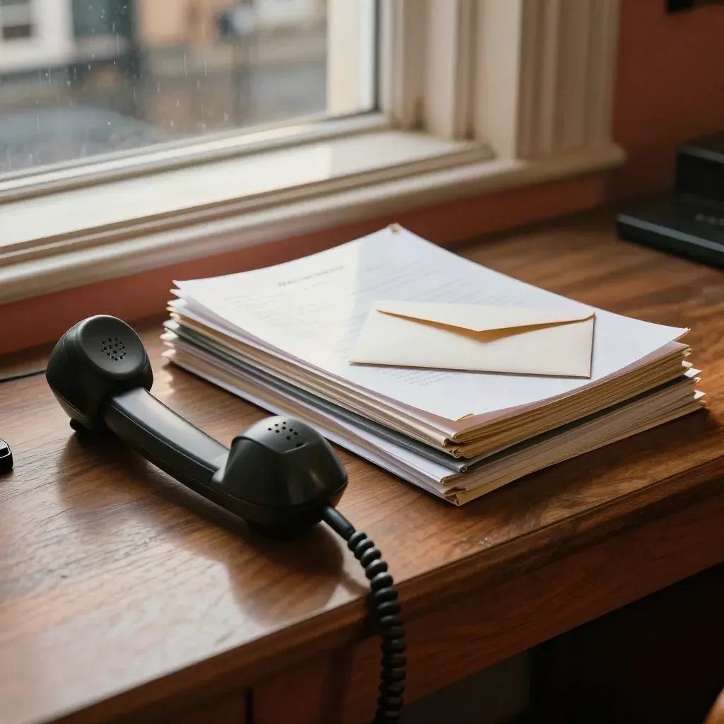 London dispute desk close-up with handset, courier envelope, and claim files in warm late-afternoon light