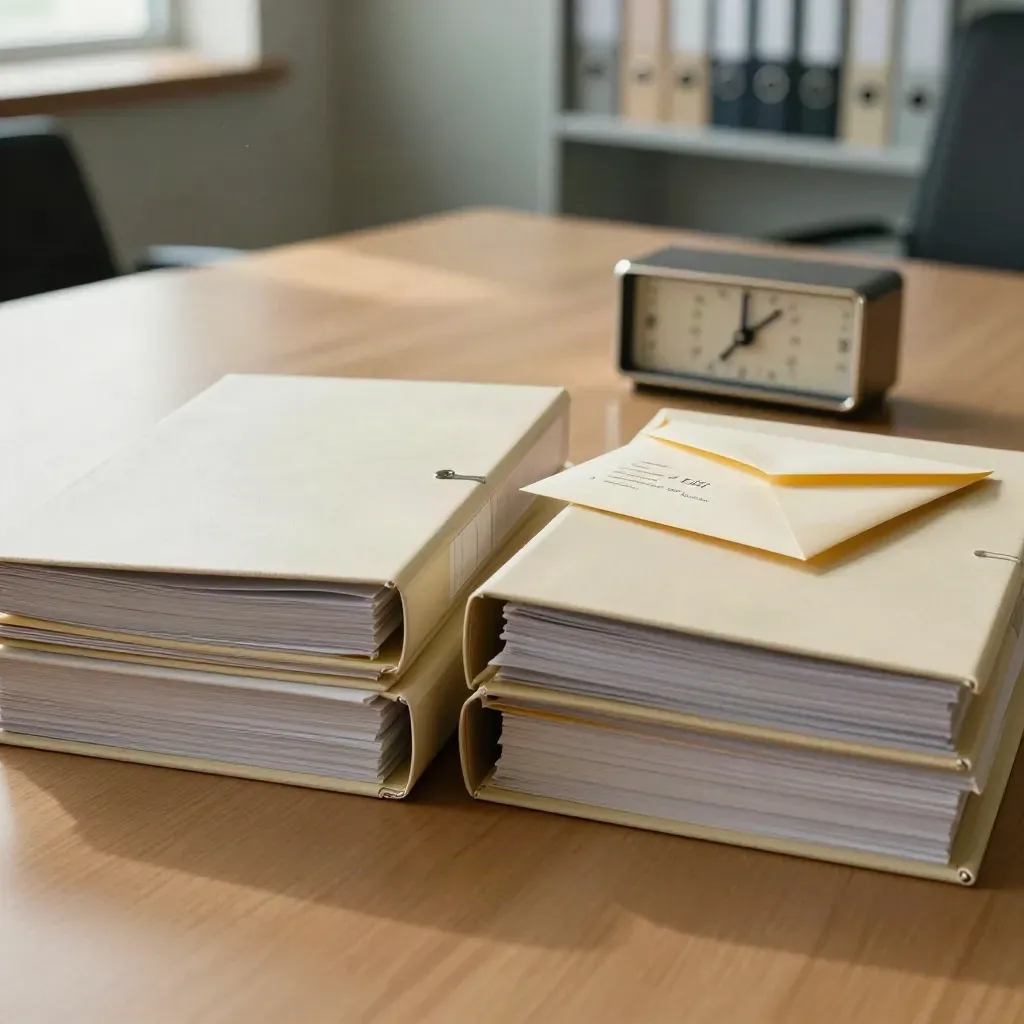 Closed staff handbooks, a warning envelope and a desk timer on an oak table.