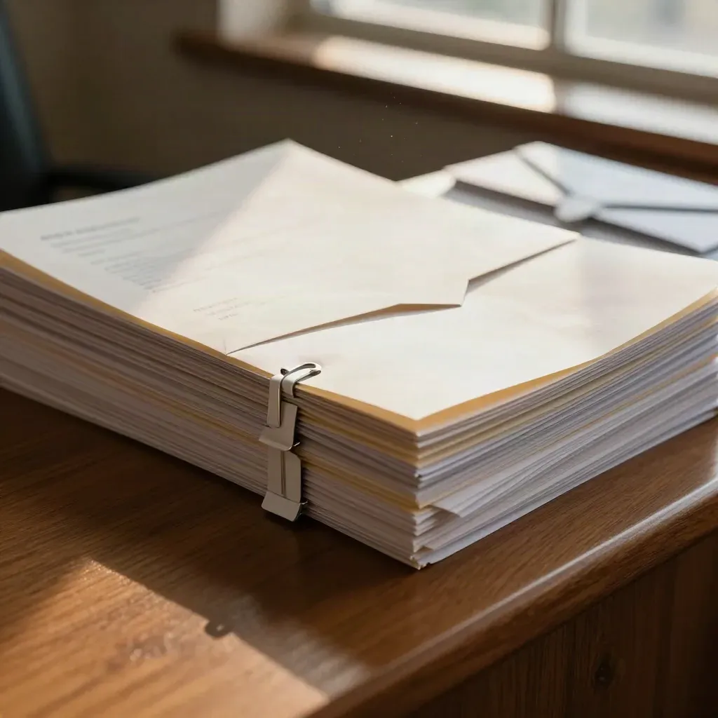 White ring-clipped court filing bundle with courier envelope on an oak counter in warm afternoon light