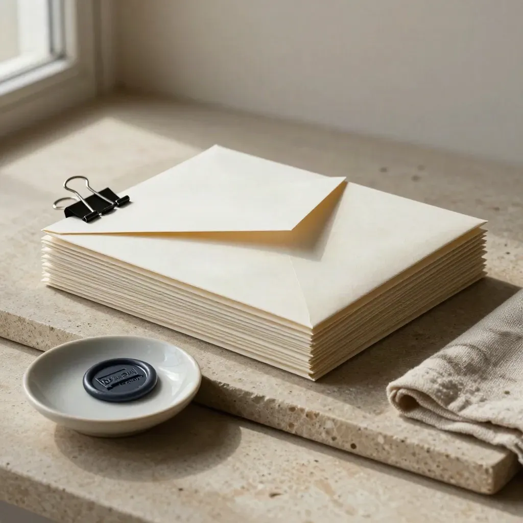 Returned claim envelopes clipped for follow-up with cloth and ceramic dish on a stone tray.