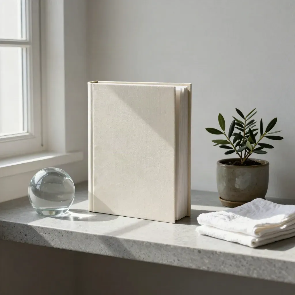 Pale policy binder, glass paperweight, small plant and folded cloth on a stone shelf.