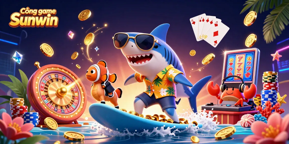Cổng game Sunwin showcases an energetic scene with a shark surfing gold coins, clownfish, and a crab DJ, highlighting casino elements.