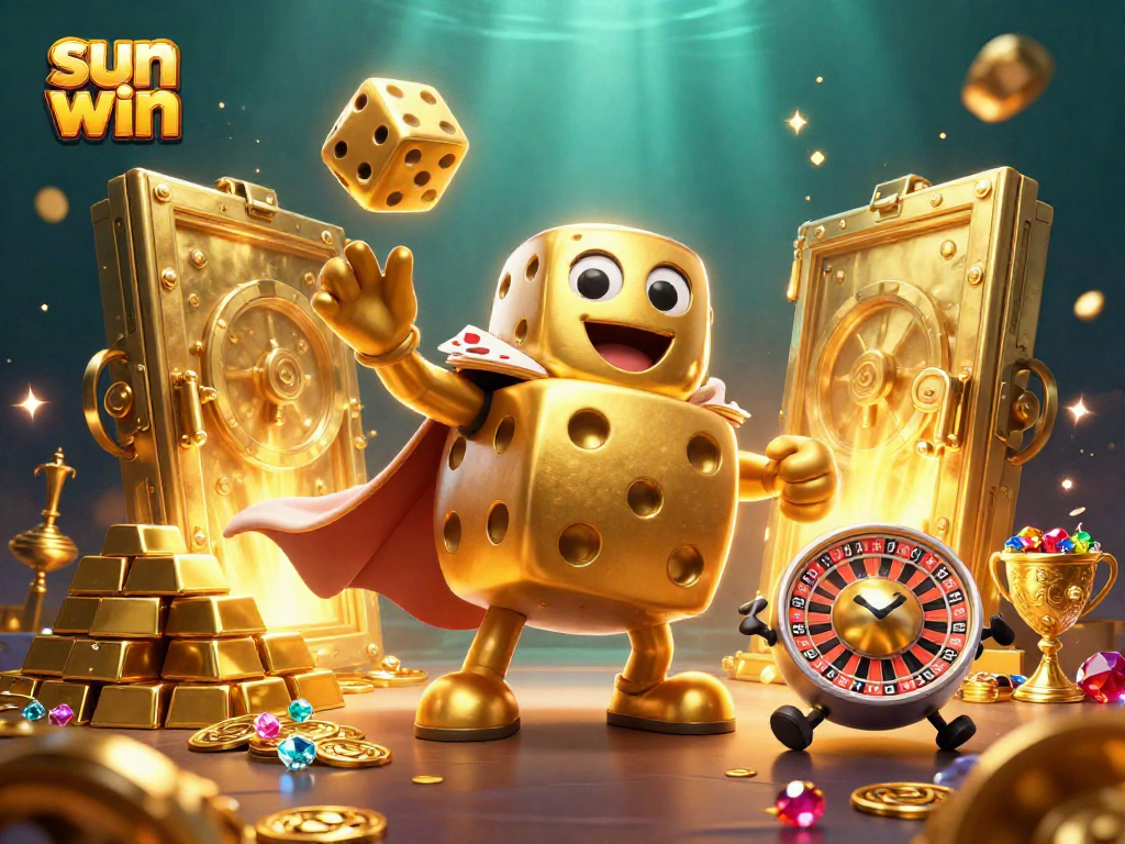 Experience the thrill of sun win with massive golden dice in a vibrant casino scene filled with treasure.