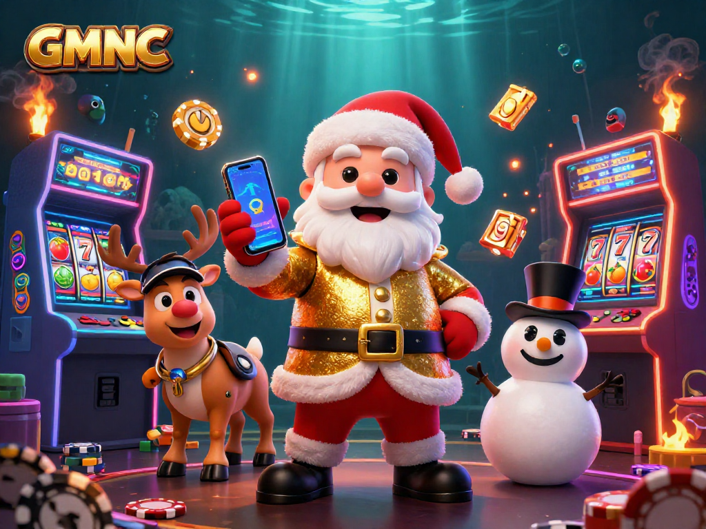 Experience GMNC's vibrant casino scene featuring Santa, a reindeer dealer, and a poker chip snowman.