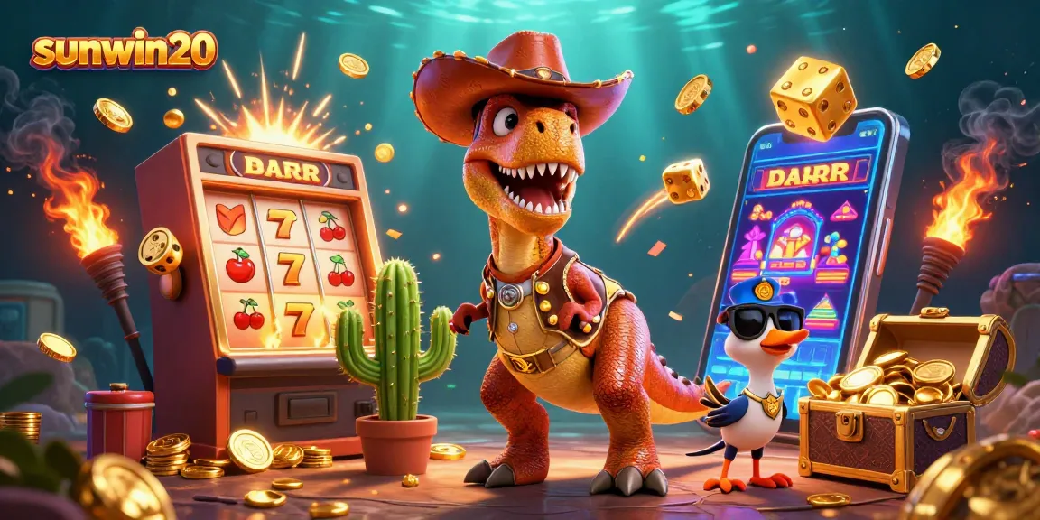 Engage with Sunwin20's vibrant jackpot scene featuring T-Rex and friends amidst slot machine magic.