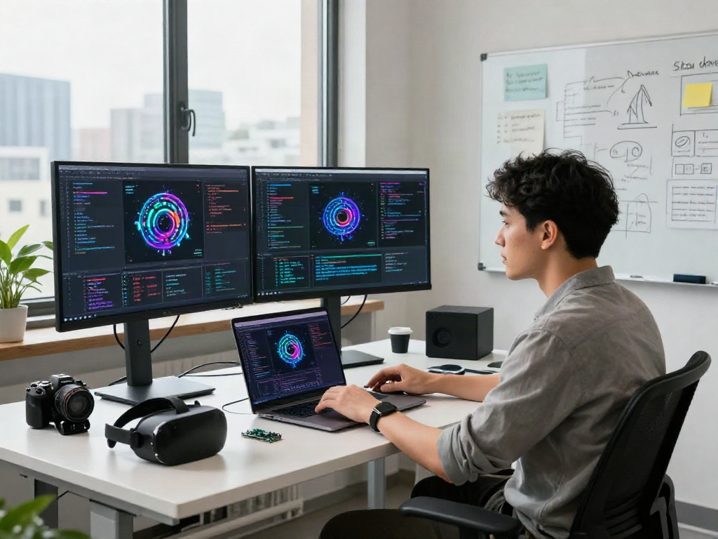Innovative tech workspace showcasing a software engineer immersed in spicy AI projects, dual monitors, and natural light.