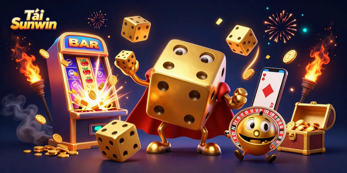 Experience elevated gaming with Tải Sunwin, featuring dynamic golden dice characters and lively casino elements.