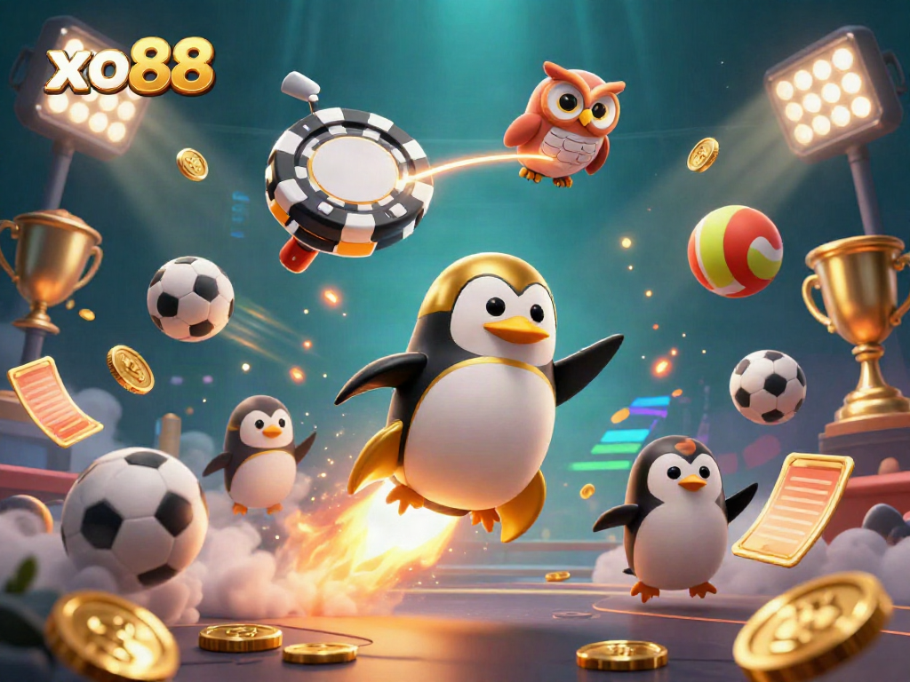 Experience thrilling gameplay by joining xo88, featuring a golden penguin and casino elements in cosmic adventure.