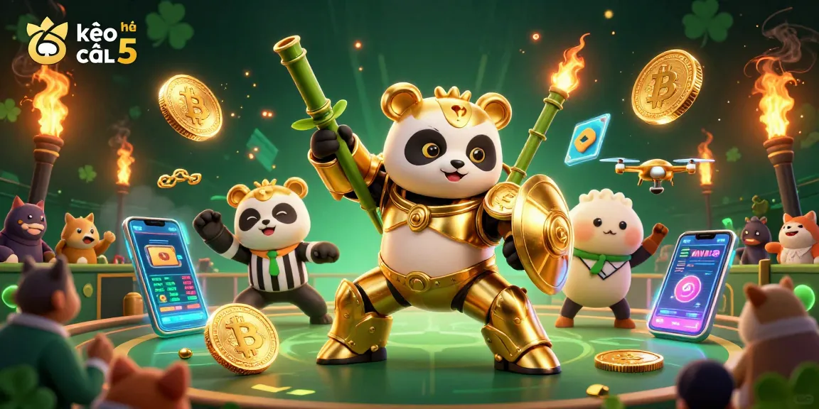 Bet on kèo nhà cái 5 with an exciting 3D digital illustration of a panda in mech-suit and sports betting arena.