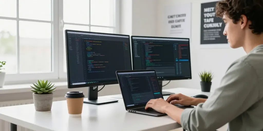 Developer using instant indexing tools in a modern tech workspace, with greenery and natural light.