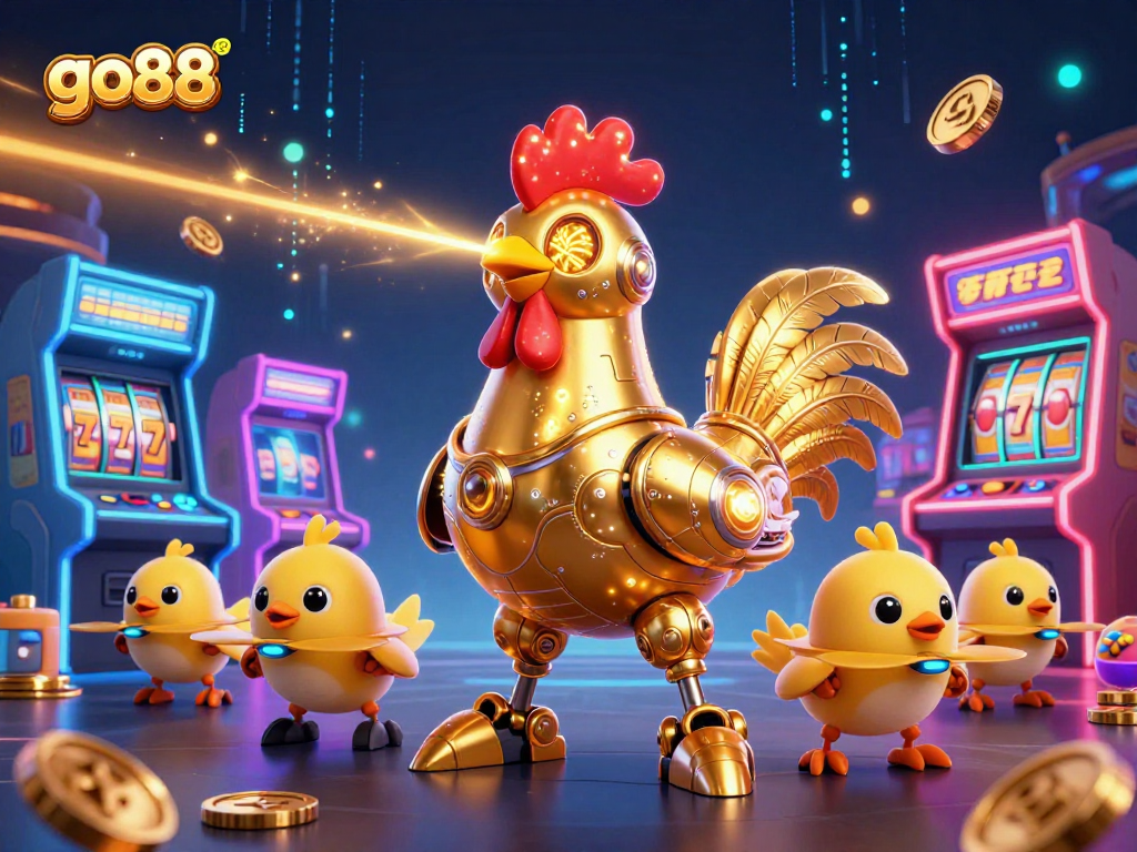 Experience the excitement of go88 with a cartoon golden rooster robot and baby chick drones in a vibrant casino scene.