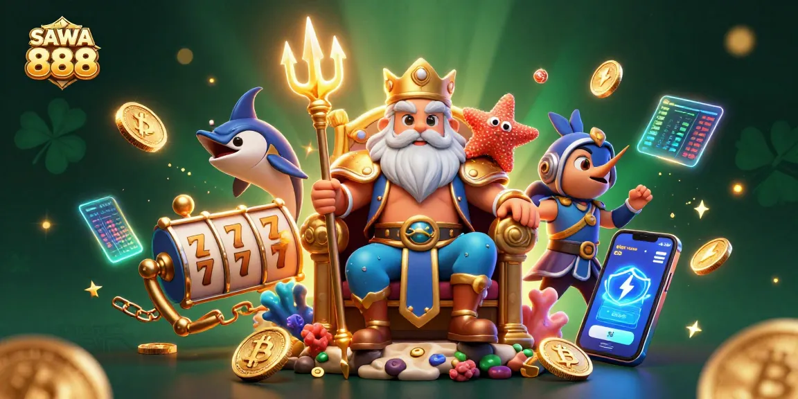 Spin to win at SAWA 888 with Neptune and vibrant slot reels, surrounded by crypto elements.