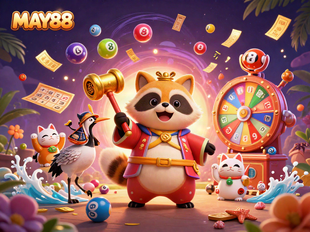 Play the thrilling MAY88 lottery with vibrant balls and festive characters in an exciting casino scene.