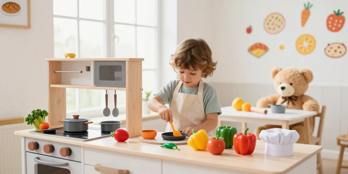 Kids kitchen play scene with a child pretending to cook in a colourful playroom, surrounded by toy fruits and cooking utensils.
