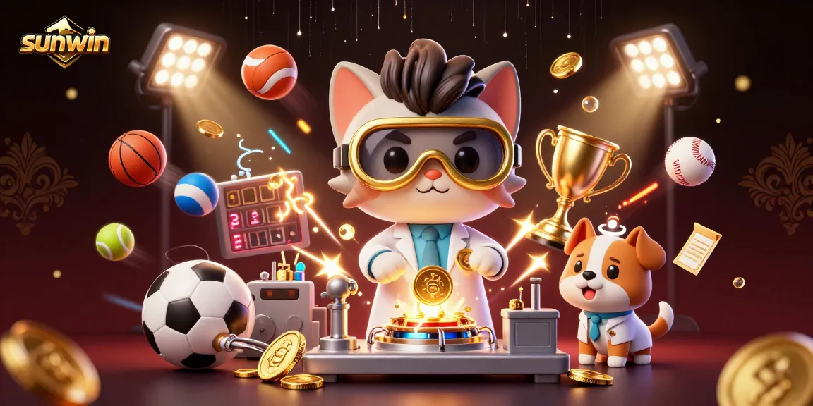 Experience thrilling sports action with sunwin's engaging 3D casino illustration showcasing a mad scientist cat and dog.