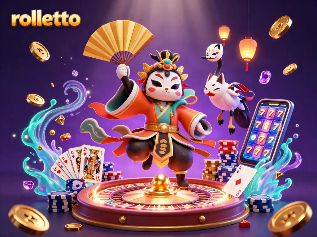 Engage in thrilling gameplay at Rolletto, featuring a vibrant casino scene with kabuki warrior and stunning graphics.